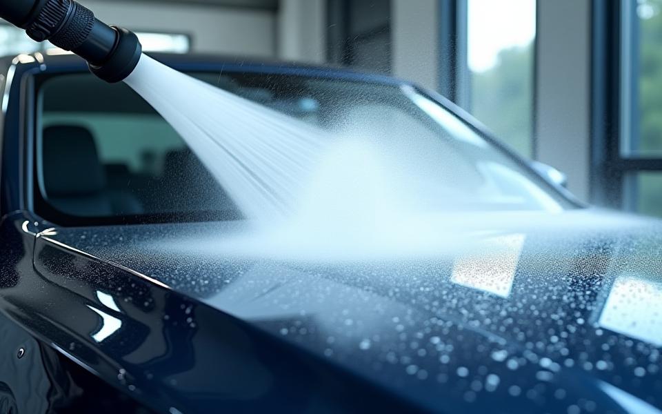 Close-up of a high-power air dryer finishing a car wash, showing water being expertly removed without contact