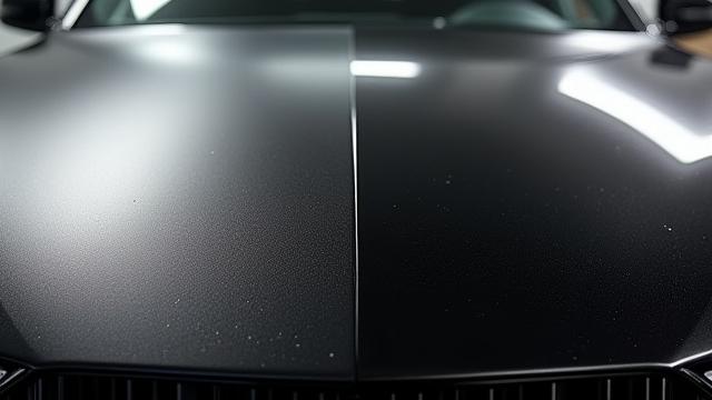 Before and after paint correction on a BMW M4 hood, showing removal of swirl marks to a perfect reflection
