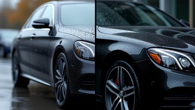 Before and after ceramic coating application, showing a dull car paint transformed to a high gloss, hydrophobic finish