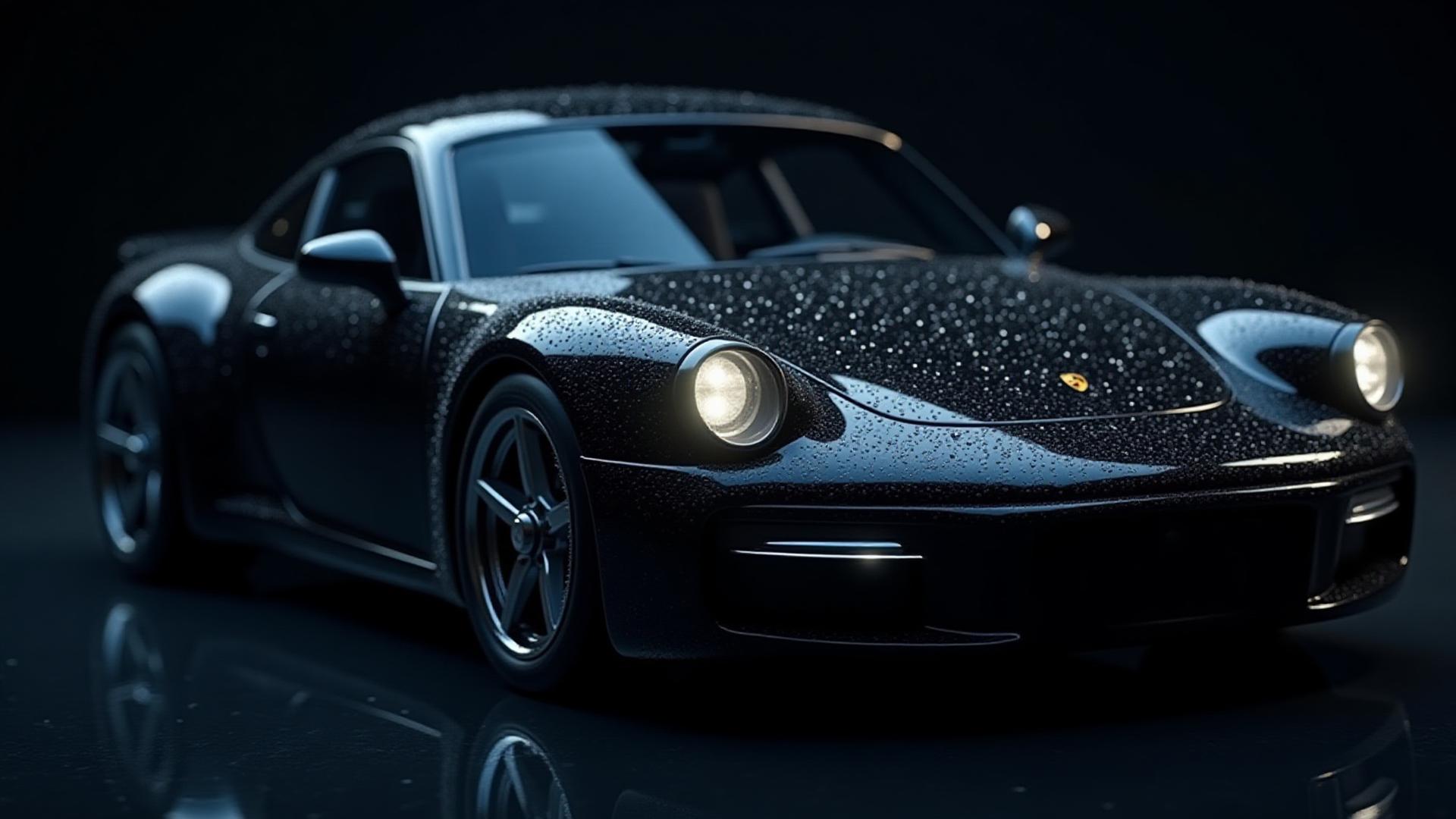 Luxury sportscar with water beading off its ceramic coated surface, highly polished