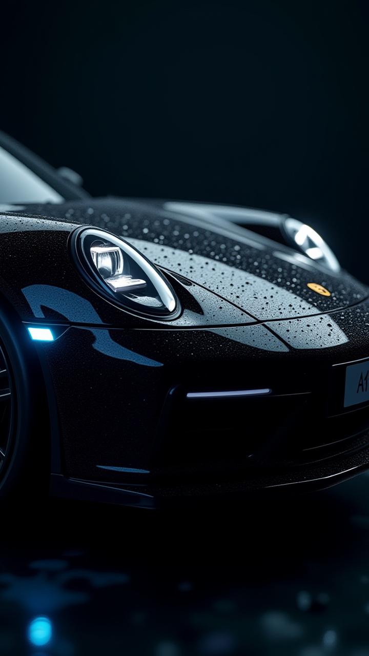 Luxury sportscar with water beading off its ceramic coated surface, highly polished, mobile optimized