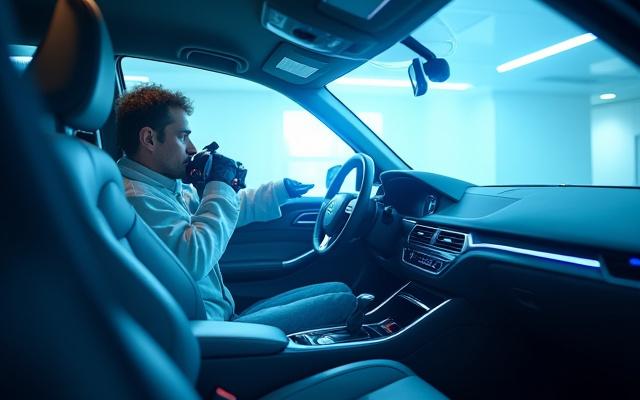 Technician using an ozone generator inside a car to eliminate stubborn odors.