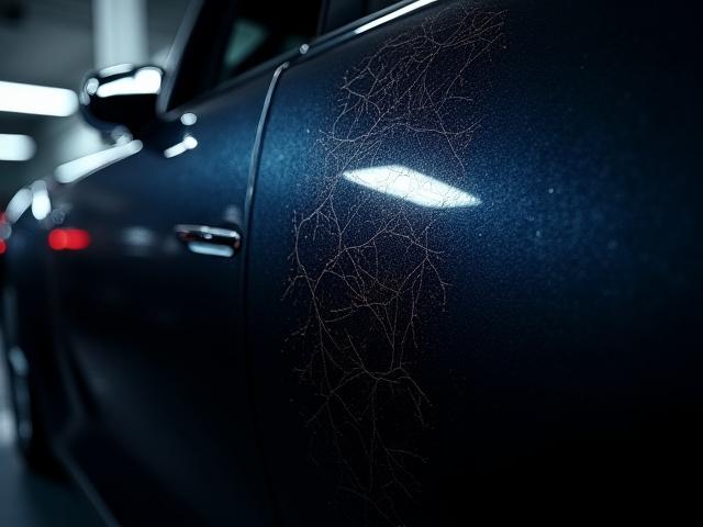 Before and after 50/50 shot of a dark car door panel under direct light, showing swirl mark removal